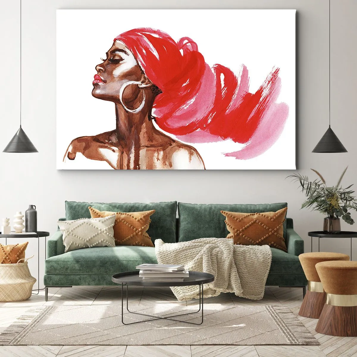 Tablou pe pânză Canvas - Profilul unei femei cu turban roșu și cercei - 70x50cm - Există un vânt care suflă în nările unui om - Decorațiune modernă pentru perete pentru living și dormitor ARTTOR