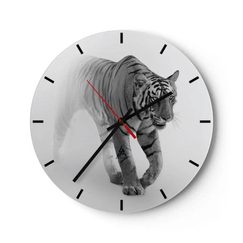 Ceas de perete - Ceas pe sticlă - Tigru realist în stil monocrom pe fundal alb - 30x30cm - De veghe în ceață - Decorațiune modernă pentru perete pentru living, bucătărie și dormitor ARTTOR