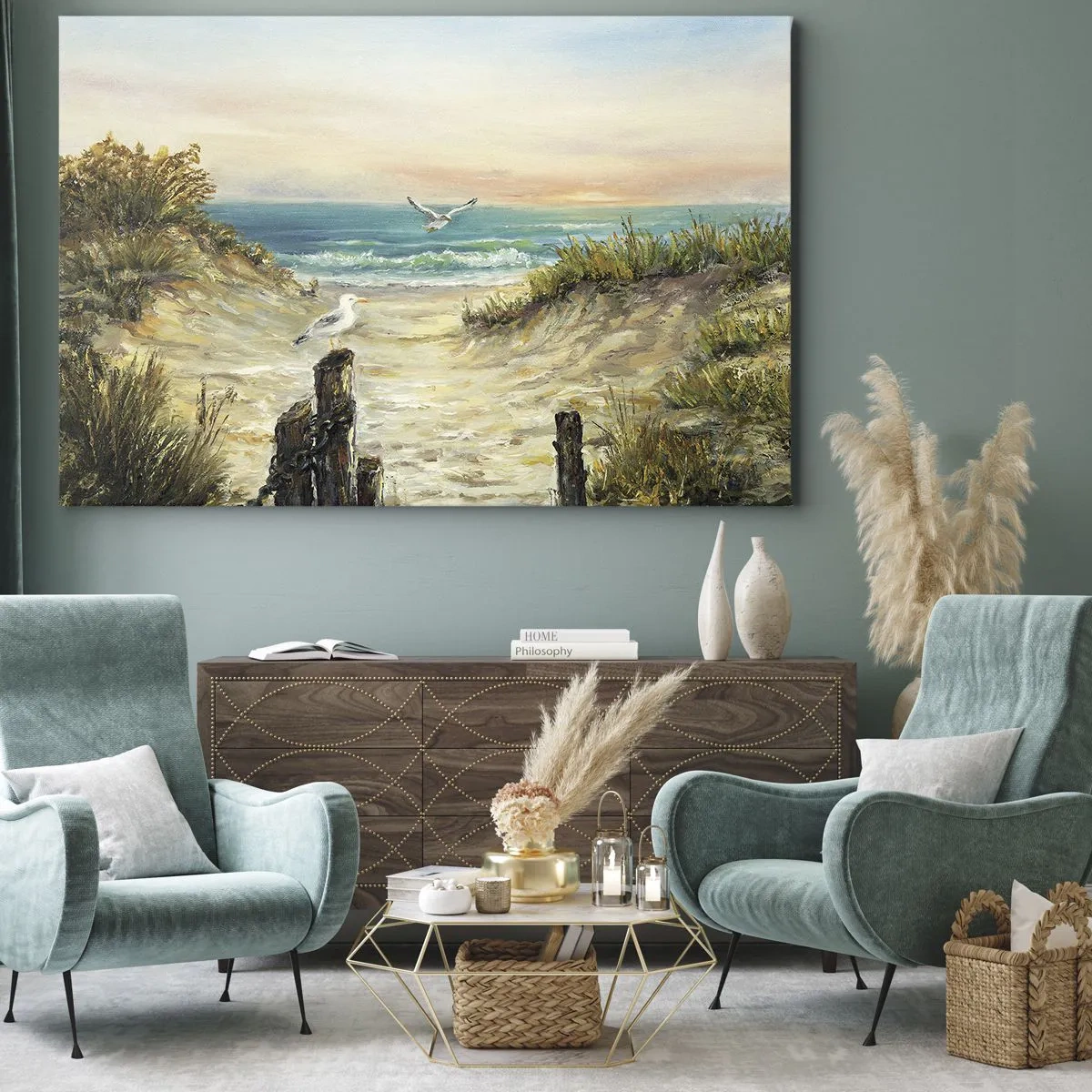 Tablou pe pânză Canvas - Coastă cu pescăruși și dune la apus - 70x50cm - Retragere fără vânt - Decorațiune modernă pentru perete pentru living și dormitor ARTTOR