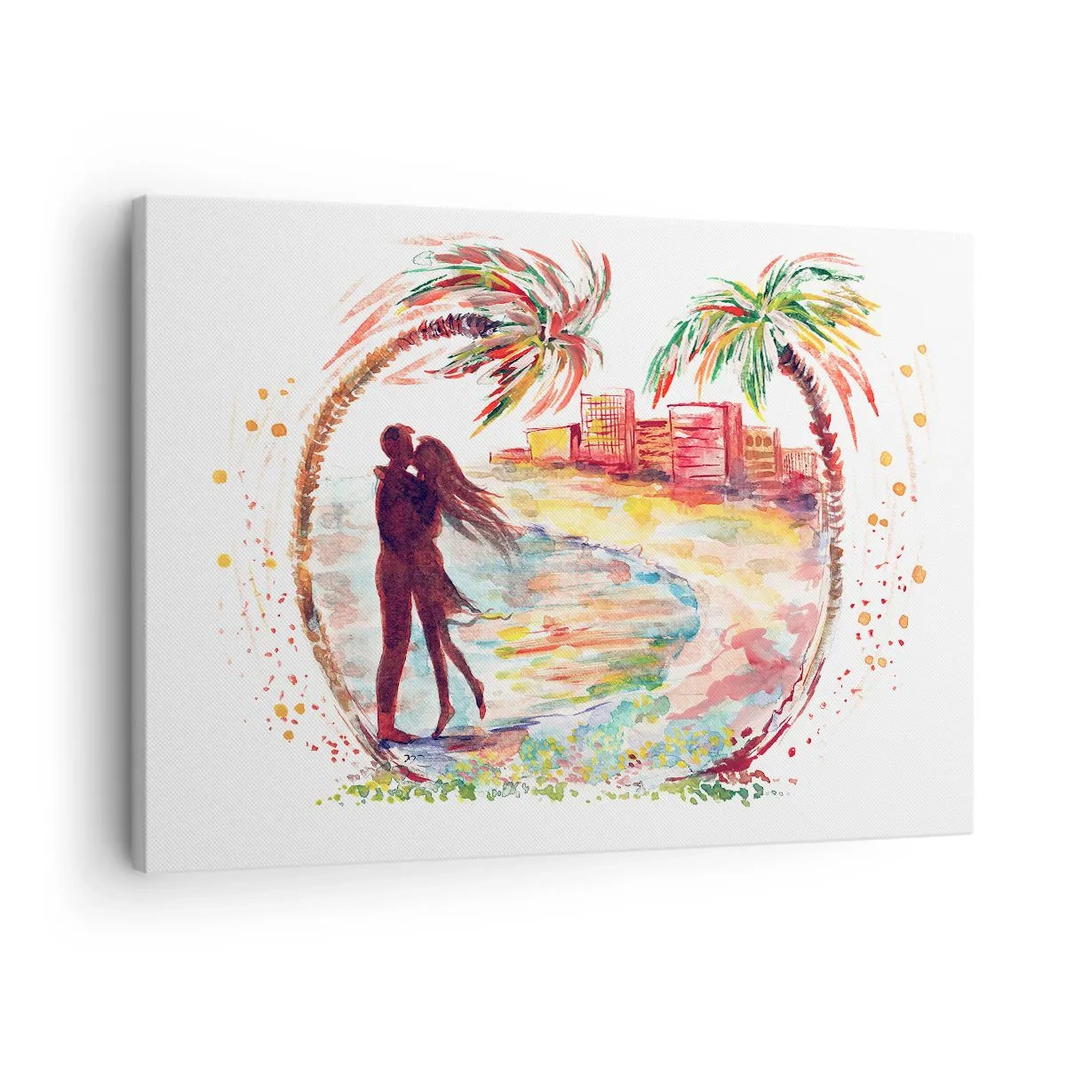 Tablou pe pânză Canvas - Scenă de cuplu romantic pe o plajă cu palmieri în acuarelă - 70x50cm - Vacanța romantică - Decorațiune modernă pentru perete pentru living și dormitor ARTTOR