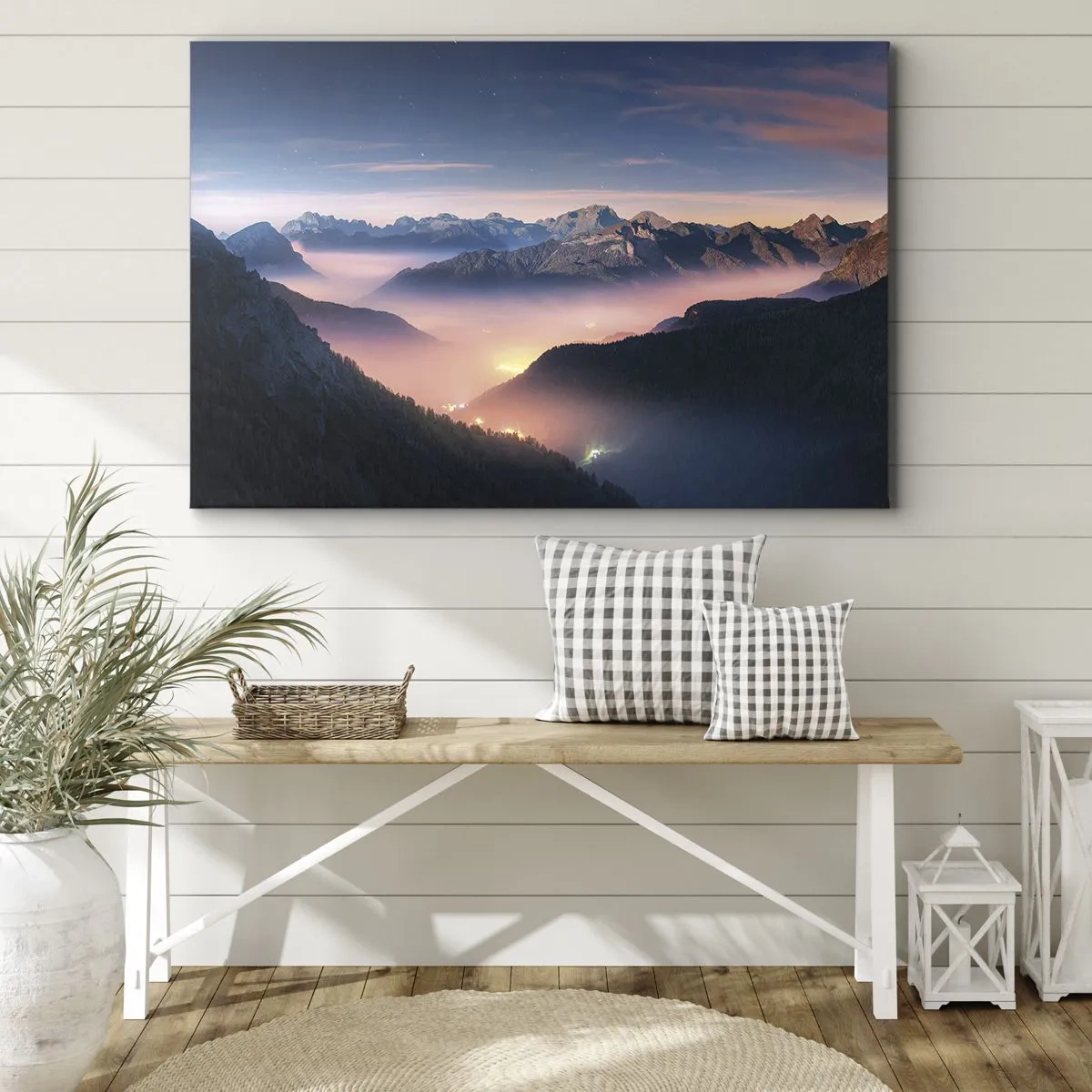 Tablou pe pânză Canvas - Un peisaj montan cu o vale plină de ceață - 70x50cm - Lumină în văi - Decorațiune modernă pentru perete pentru living și dormitor ARTTOR