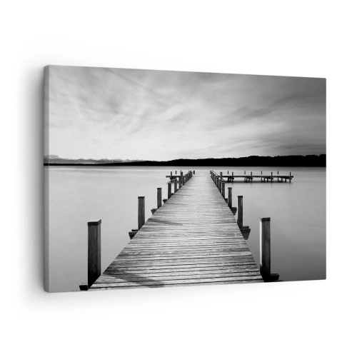 Tablou pe pânză Canvas - Un debarcader alb-negru pe un lac liniștit - 70x50cm - La adăpostul apei - pace - Decorațiune modernă pentru perete pentru living și dormitor ARTTOR