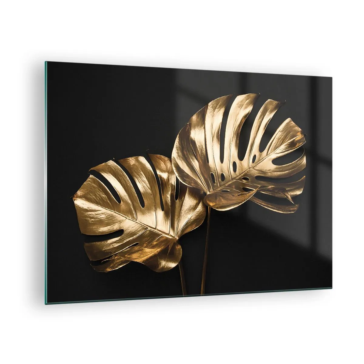 Tablou pe sticlă - Frunze de monsteră aurii pe fundal negru - 70x50cm - Comorile naturii - Decorațiune modernă pentru perete pentru living și dormitor ARTTOR