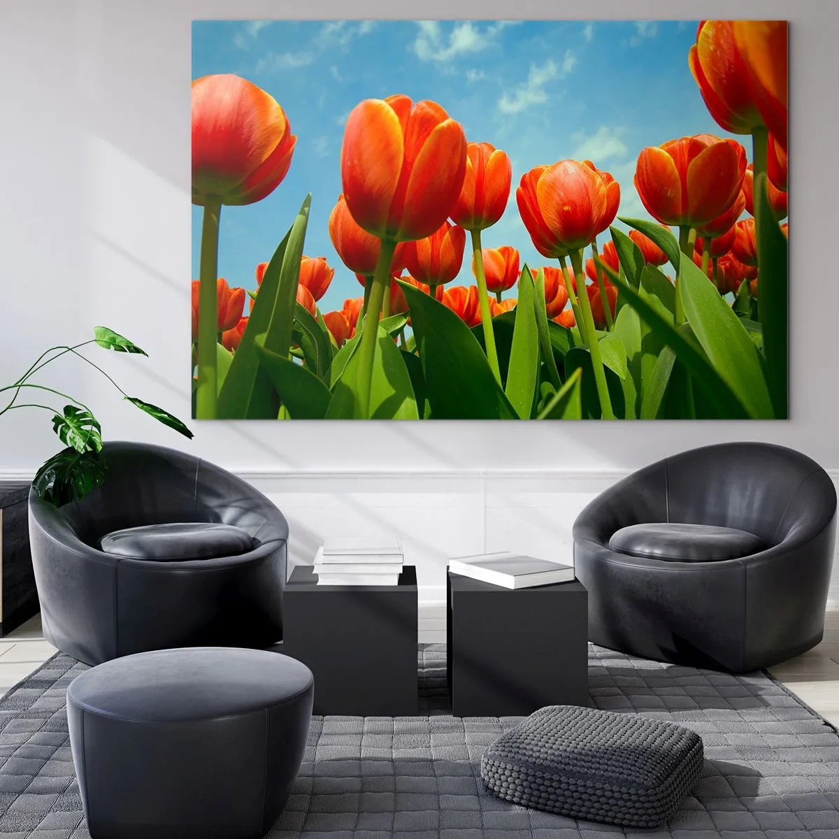 Tablou pe sticlă - Un câmp de lalele roșii sub un cer albastru - 70x50cm - Doar cerul albastru - Decorațiune modernă pentru perete pentru living și dormitor ARTTOR