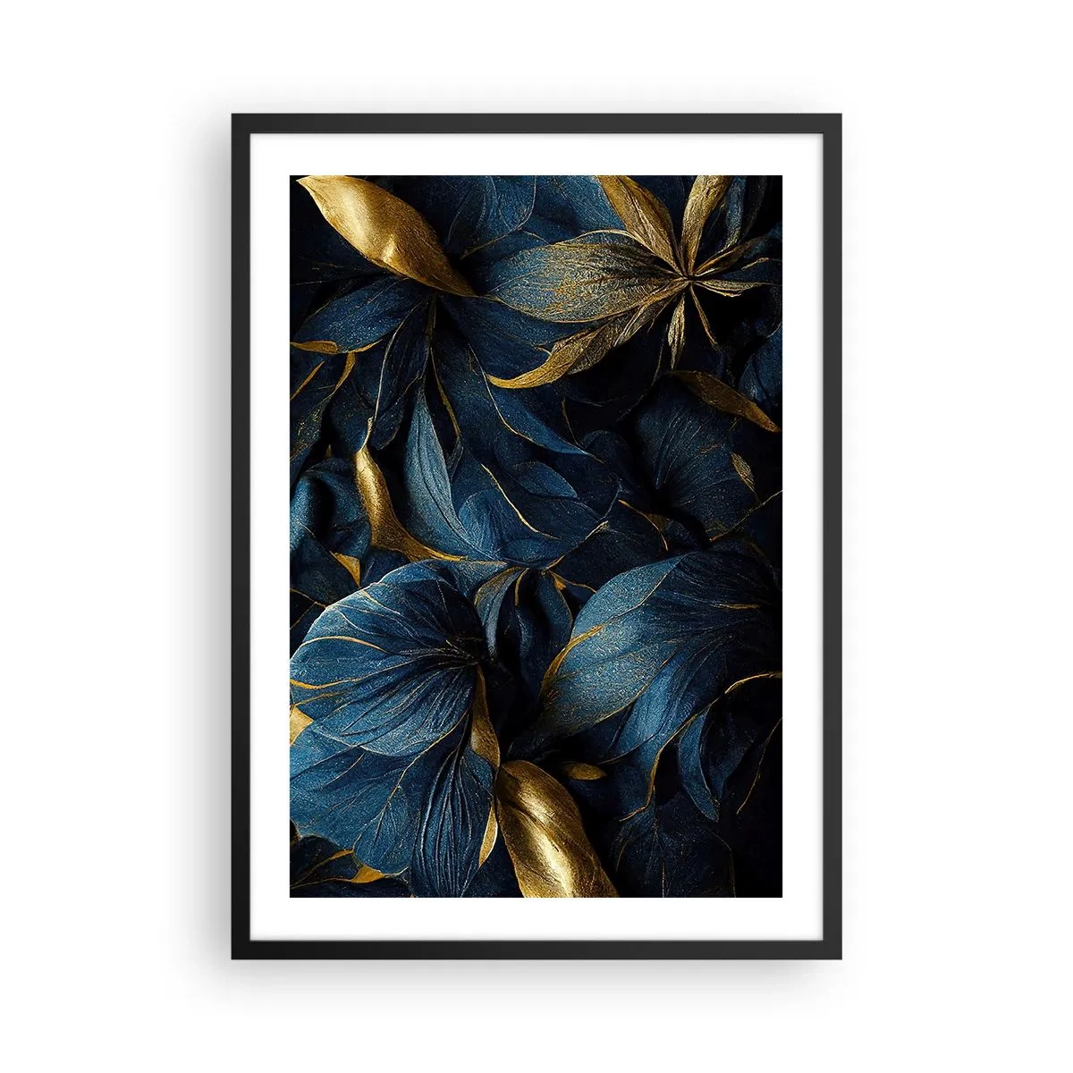 Poster în ramă neagră - Frunze aurii pe un fundal albastru marin intens - 50x70cm - Căptușită cu aur - Decorațiune modernă pentru perete pentru living și dormitor ARTTOR