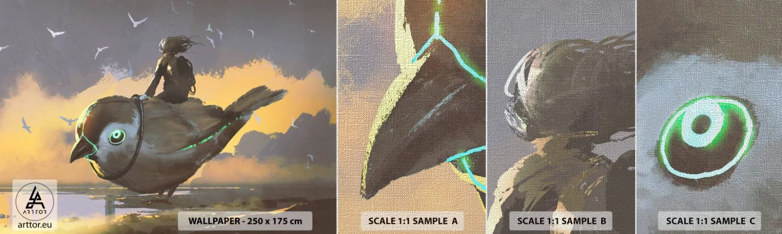 Mostră tapet Premium Canvas - O oprire într-o călătorie fantastică - Abstracția, Pasăre, Fantezie - 100x30 cm