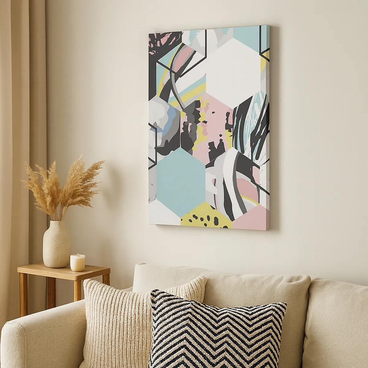 Tablou pe pânză - Hexagoane și cuburi în șase culori - 50x70 cm