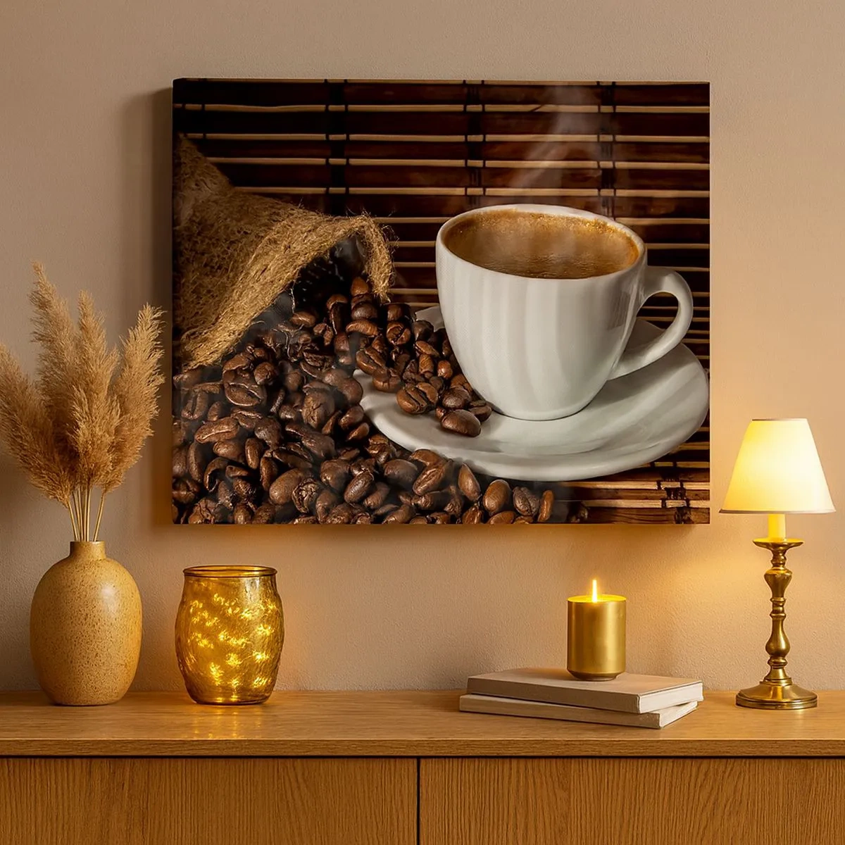 Tablou pe pânză Canvas - O ceașcă de cafea cu boabe pe un fundal de bambus - 70x50cm - Negru de cărbune, transparență de chihlimbar - Decorațiune modernă pentru perete pentru living și dormitor ARTTOR