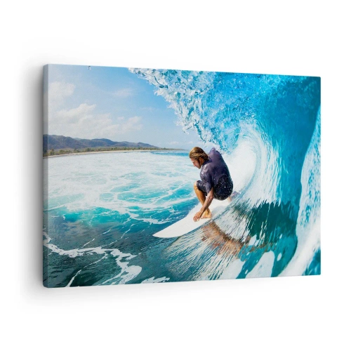 Tablou pe pânză Canvas - Un surfer într-o poză dinamică pe un val în apă turcoaz. - 70x50cm - Dansând cu valurile - Decorațiune modernă pentru perete pentru living și dormitor ARTTOR