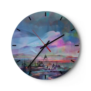 Ceas de perete - Ceas pe sticlă - O panoramă colorată a munților și a unui sat într-un stil abstract - 30x30cm - Sub un cer binevoitor - Decorațiune modernă pentru perete pentru living, bucătărie și dormitor ARTTOR