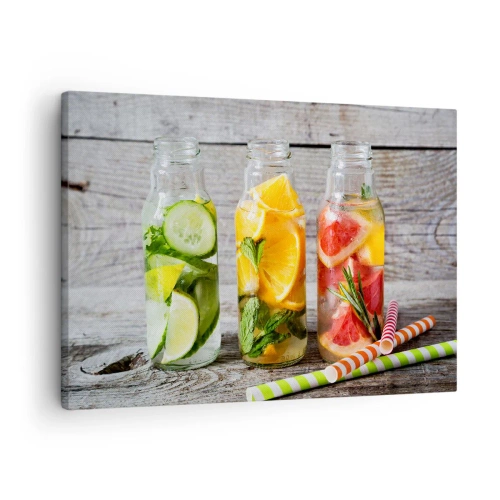 Tablou pe pânză Canvas - Sticle de apă cu fructe și ierburi pe un fundal de lemn - 70x50cm - Sănătoase prin natura - Decorațiune modernă pentru perete pentru living și dormitor ARTTOR