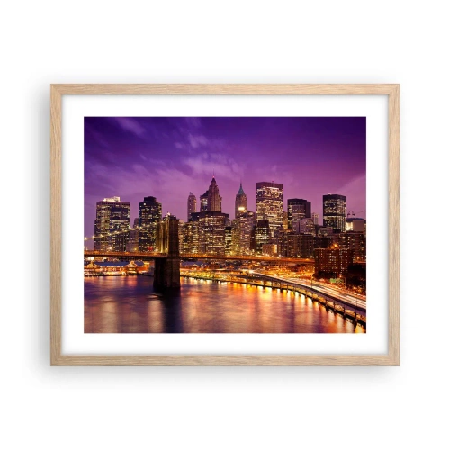 Poster în ramă de stejar deschis - Manhathannul mov-auriu - 50x40 cm