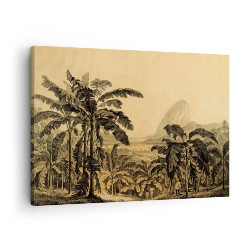 Tablou pe pânză Canvas - Desen de bananieri pe fundalul unui peisaj tropical - 70x50cm - În stil colonial - Decorațiune modernă pentru perete pentru living și dormitor ARTTOR