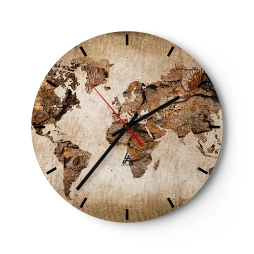 Ceas de perete - Ceas pe sticlă - Cadran de ceas cu motiv de hartă a lumii în stil rustic - 30x30cm - Descoperirea lumii - Decorațiune modernă pentru perete pentru living, bucătărie și dormitor ARTTOR