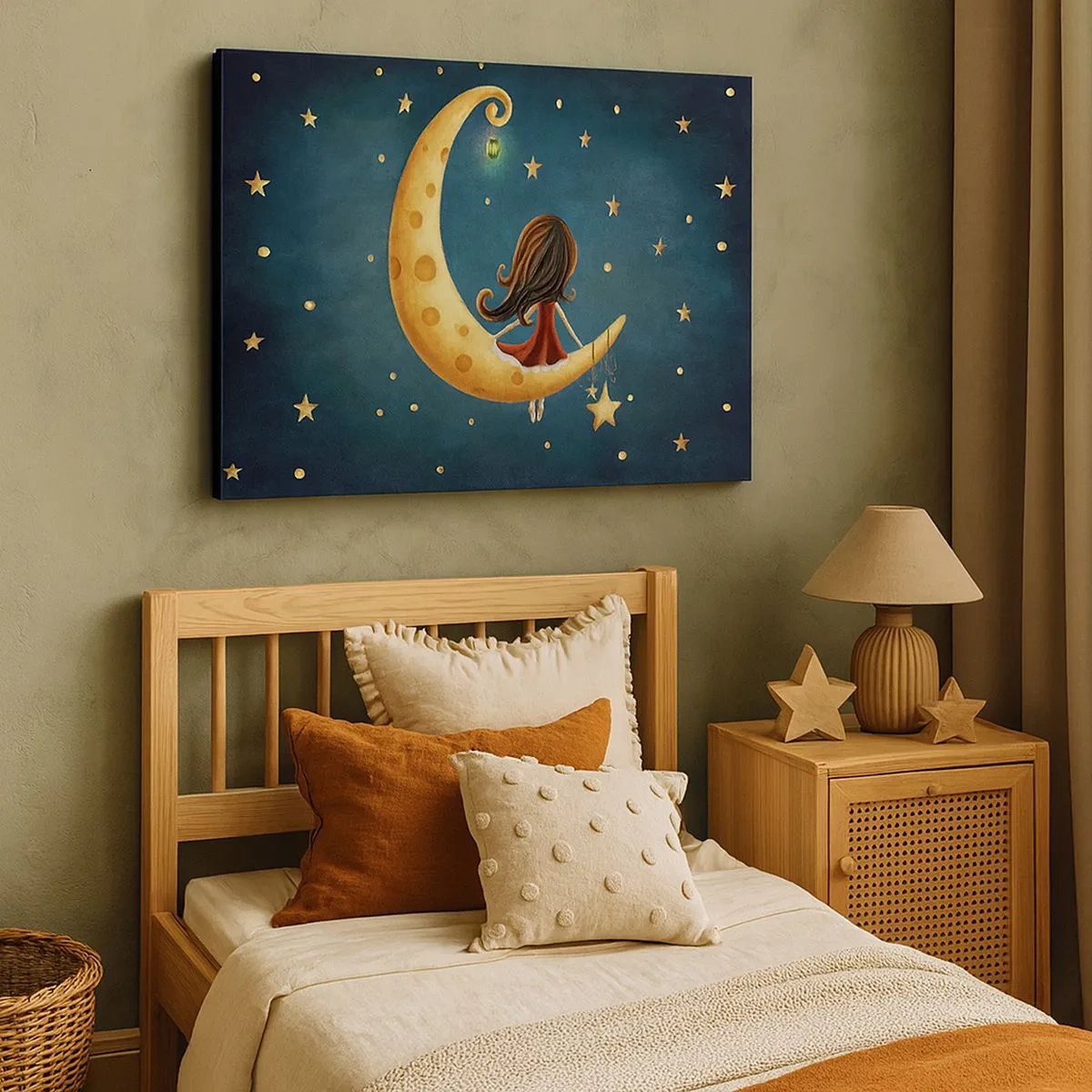 Tablou pe pânză Canvas - O fată pe Lună înconjurată de stele - 70x50cm - A fost odată ca niciodată... - Decorațiune modernă pentru perete pentru living și dormitor ARTTOR