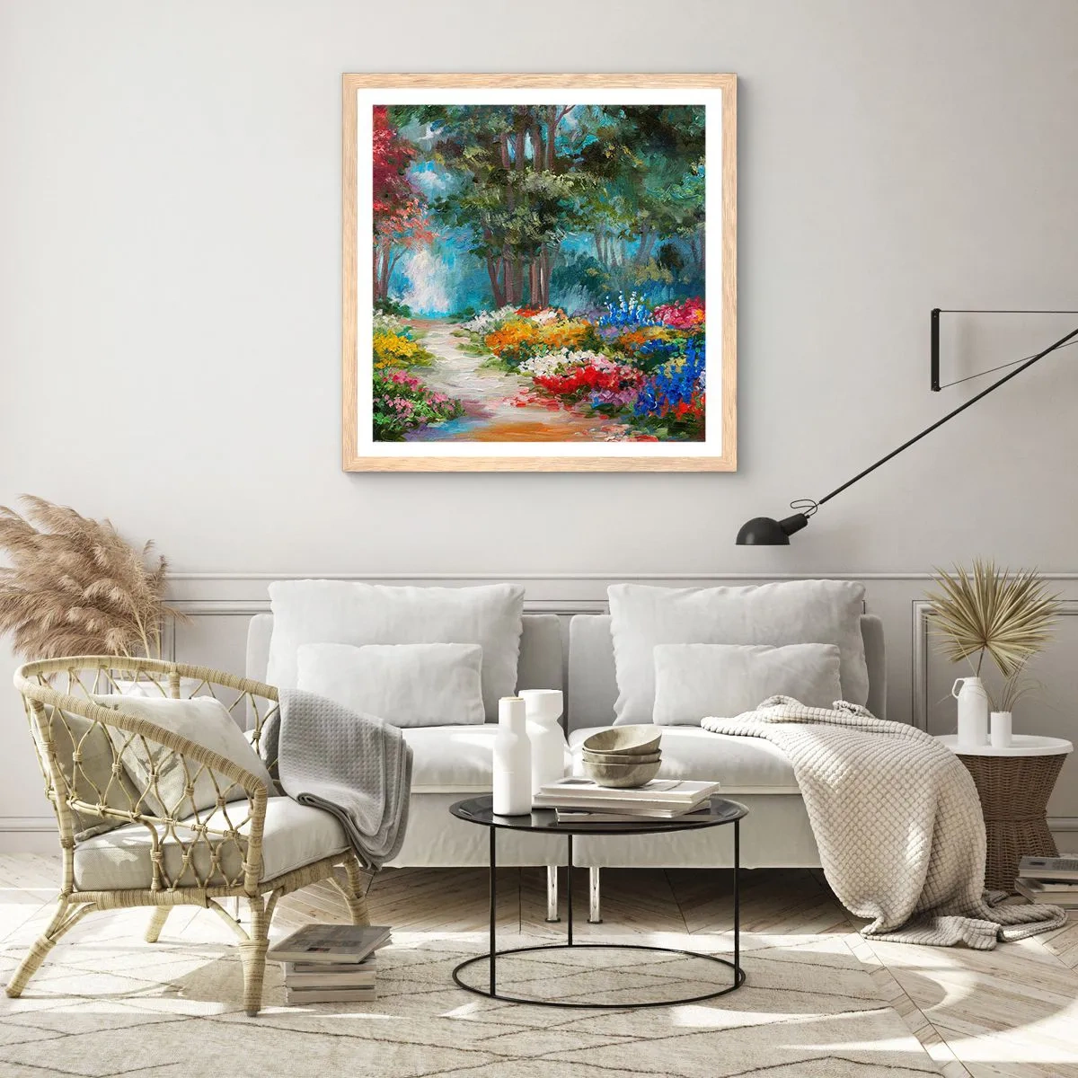 Poster în ramă de stejar deschis - Grădină de pădure, pădure de flori - 60x60 cm