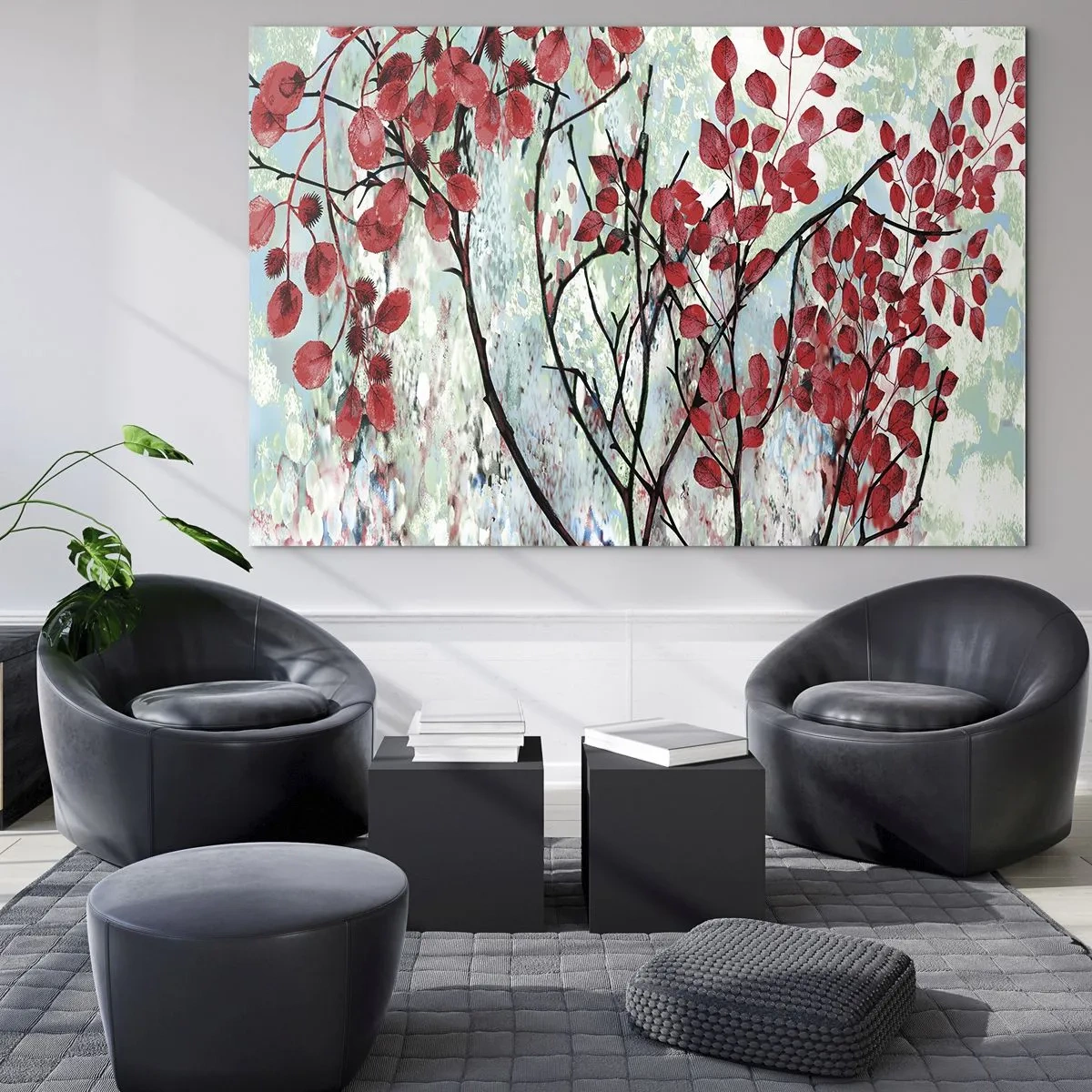 Tablou pe sticlă - Ramuri cu frunze roșii pe un fundal pictat - 70x50cm - Arbore în stacojiu - Decorațiune modernă pentru perete pentru living și dormitor ARTTOR
