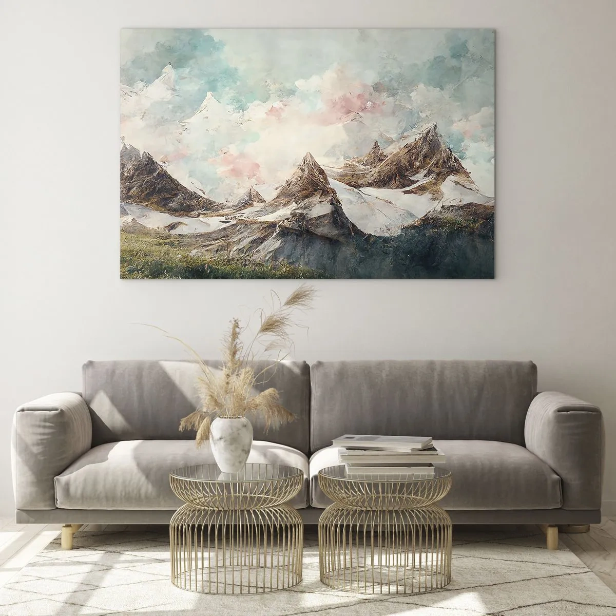 Tablou pe sticlă - Vârfuri pitorești de munte cu cer pastelat - 70x50cm - Lame de piatră - Decorațiune modernă pentru perete pentru living și dormitor ARTTOR