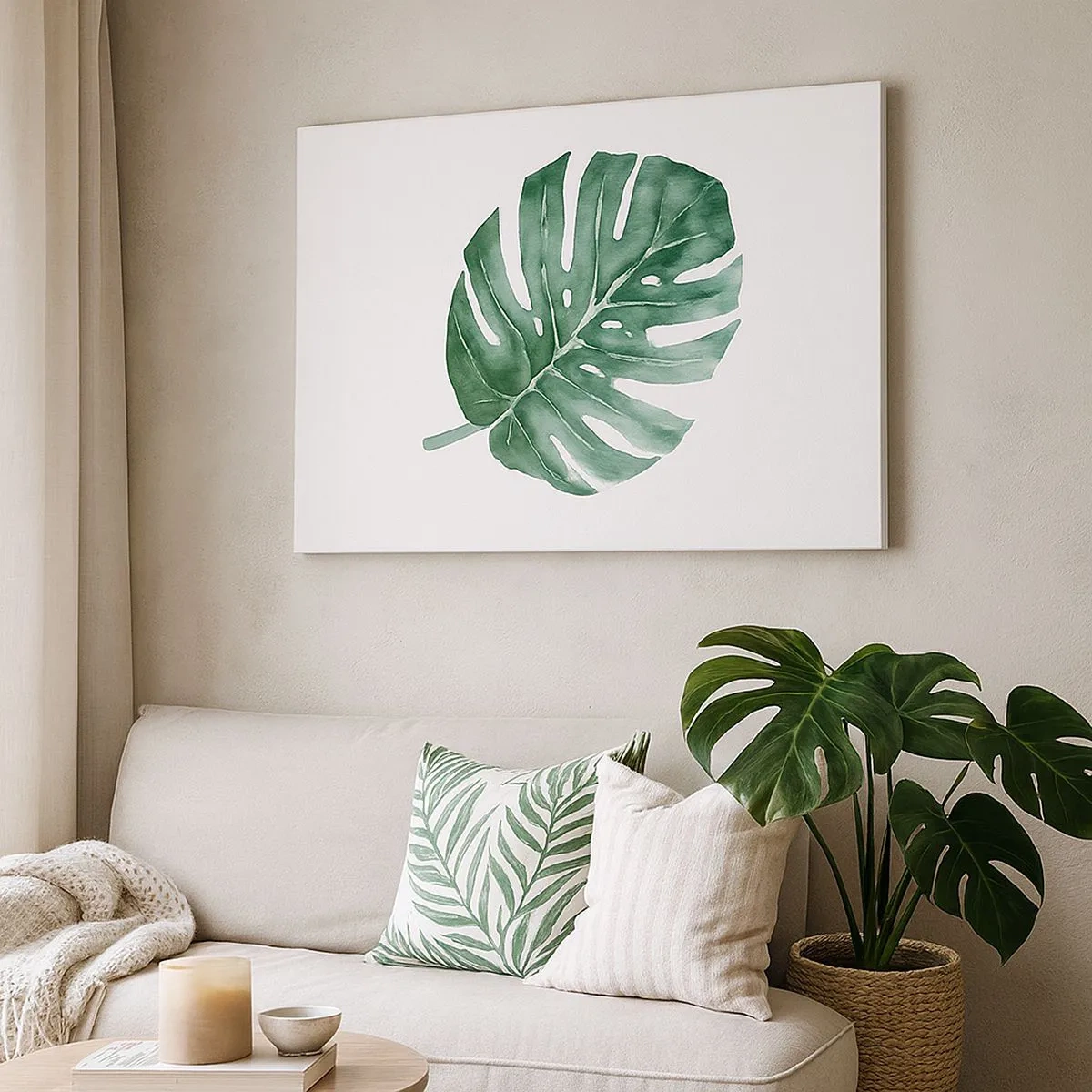 Tablou pe pânză Canvas - Frunză verde de monstera într-un stil minimalist - 70x50cm - Conceptul verde - Decorațiune modernă pentru perete pentru living și dormitor ARTTOR