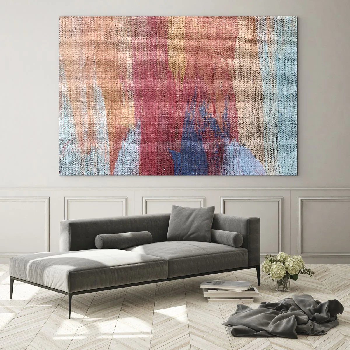 Tablou pe sticlă - Dungi colorate de vopsea pe structura pânzei - 70x50cm - Plutind prin curcubeu - Decorațiune modernă pentru perete pentru living și dormitor ARTTOR