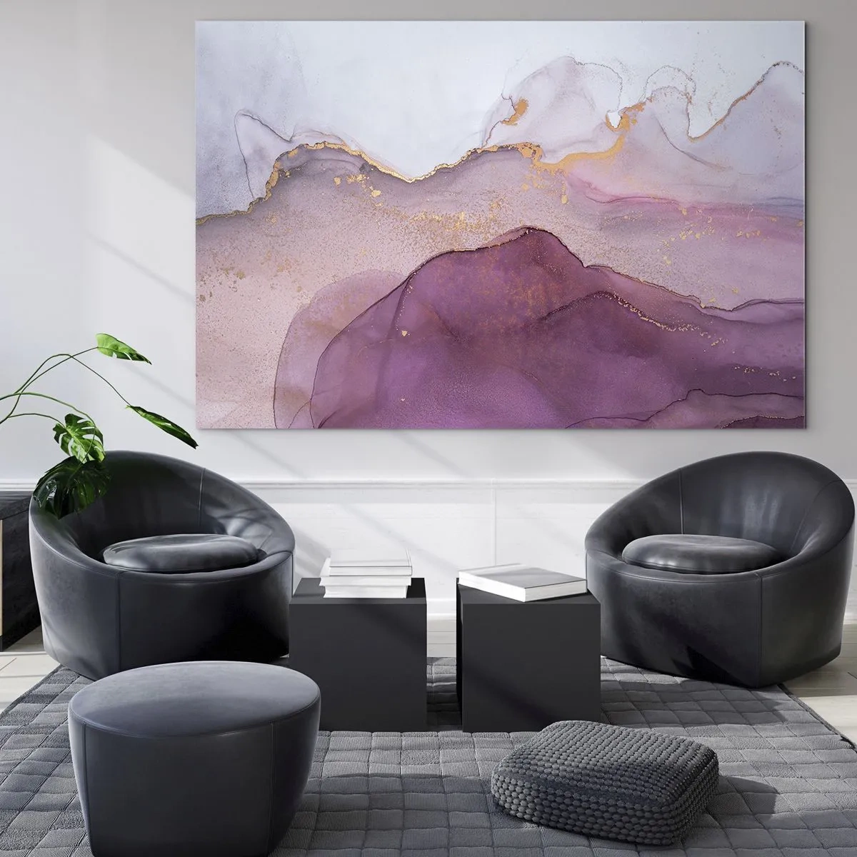 Tablou pe sticlă - Valuri abstracte în nuanțe de violet cu accente aurii - 70x50cm - Valuri de liliac și violet - Decorațiune modernă pentru perete pentru living și dormitor ARTTOR