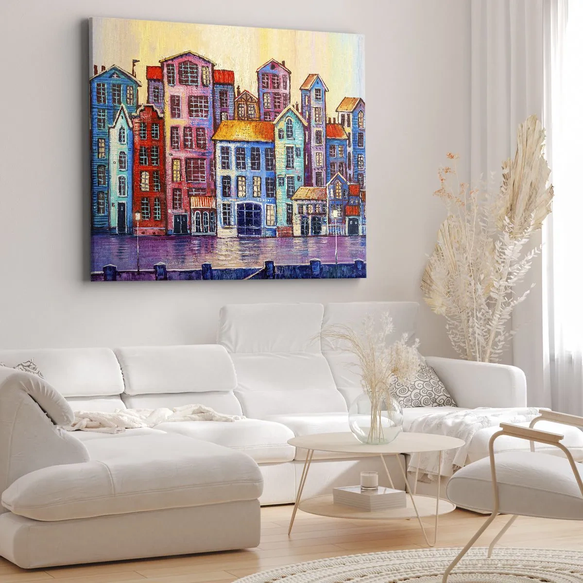 Tablou pe pânză Canvas - Case de locuit colorate lângă apă, într-un stil artistic - 70x50cm - Un oraș ca în basm - Decorațiune modernă pentru perete pentru living și dormitor ARTTOR