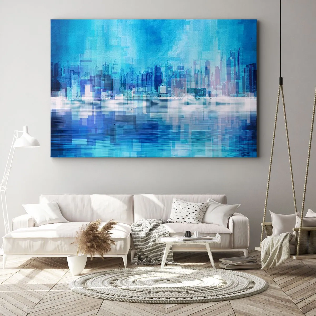 Tablou pe pânză Canvas - Panoramă abstractă a orașului în nuanțe de albastru - 70x50cm - Înecate în albastru - Decorațiune modernă pentru perete pentru living și dormitor ARTTOR
