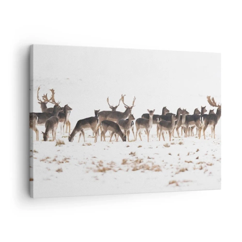 Tablou pe pânză Canvas - O turmă de căprioare pe un fundal înzăpezit - 70x50cm - Vine Crăciunul? - Decorațiune modernă pentru perete pentru living și dormitor ARTTOR