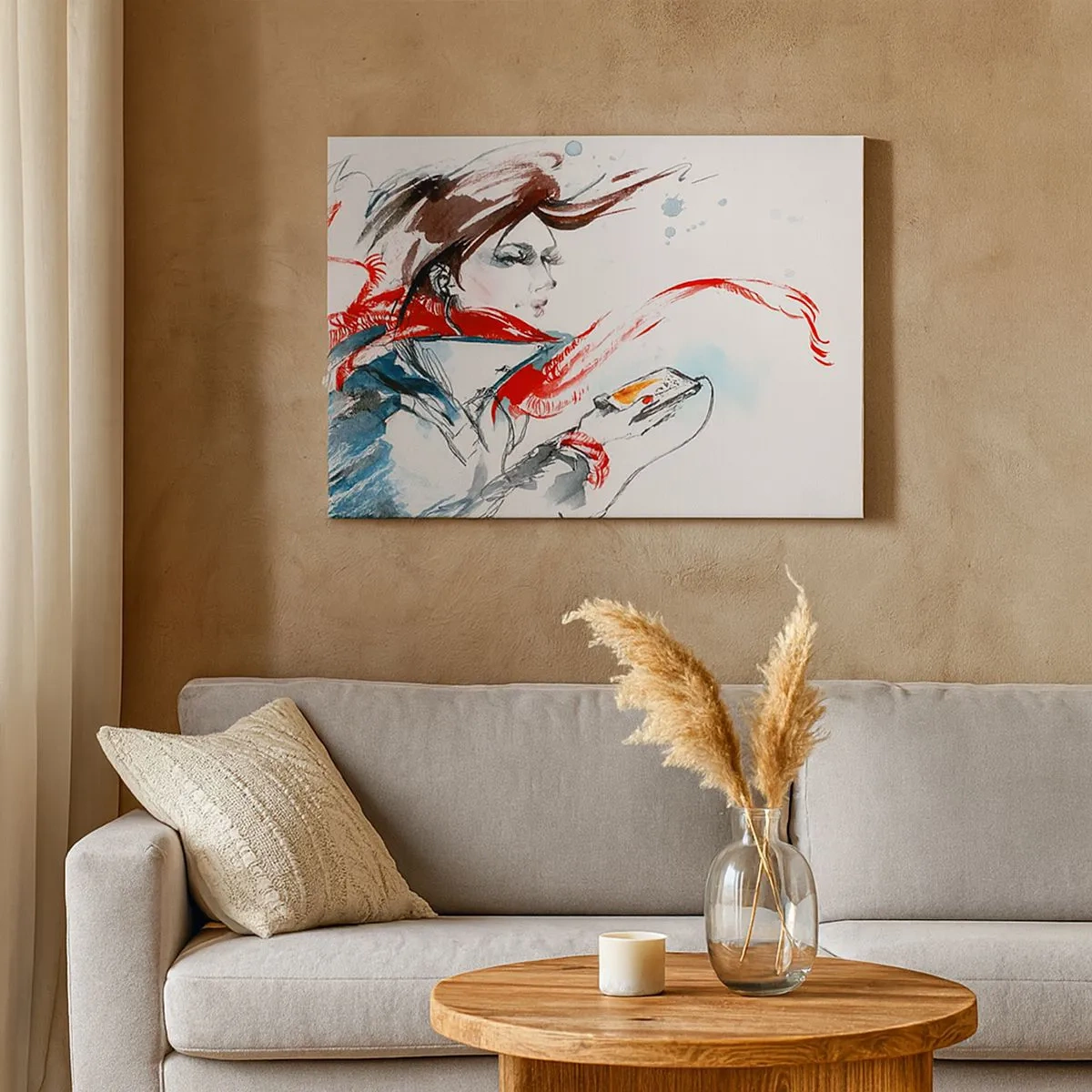 Tablou pe pânză Canvas - O femeie într-o eșarfă roșie cu tușe dinamice de acuarelă - 70x50cm - Ceva cântă în mine - Decorațiune modernă pentru perete pentru living și dormitor ARTTOR