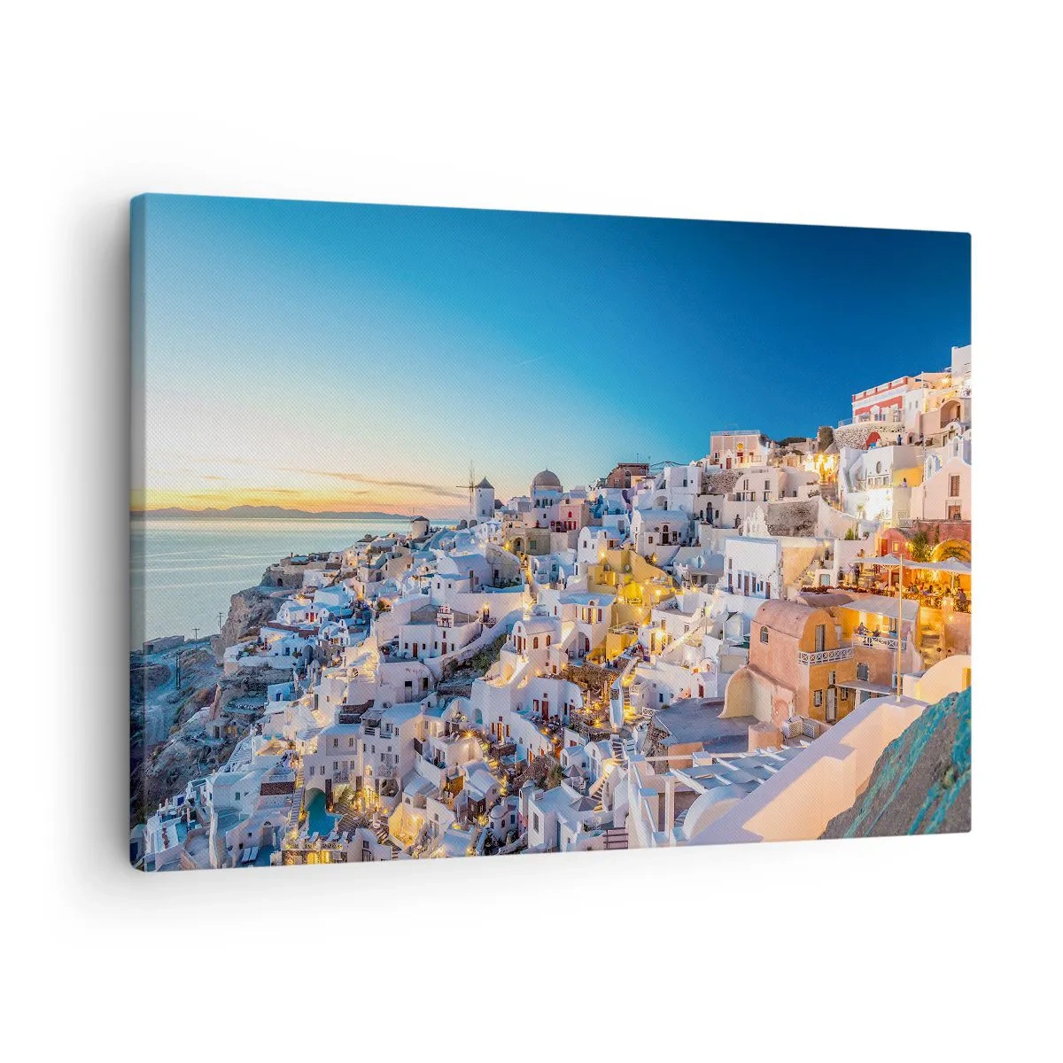 Tablou pe pânză Canvas - Vedere a unui oraș grecesc la apus - 70x50cm - Esența grecității - Decorațiune modernă pentru perete pentru living și dormitor ARTTOR