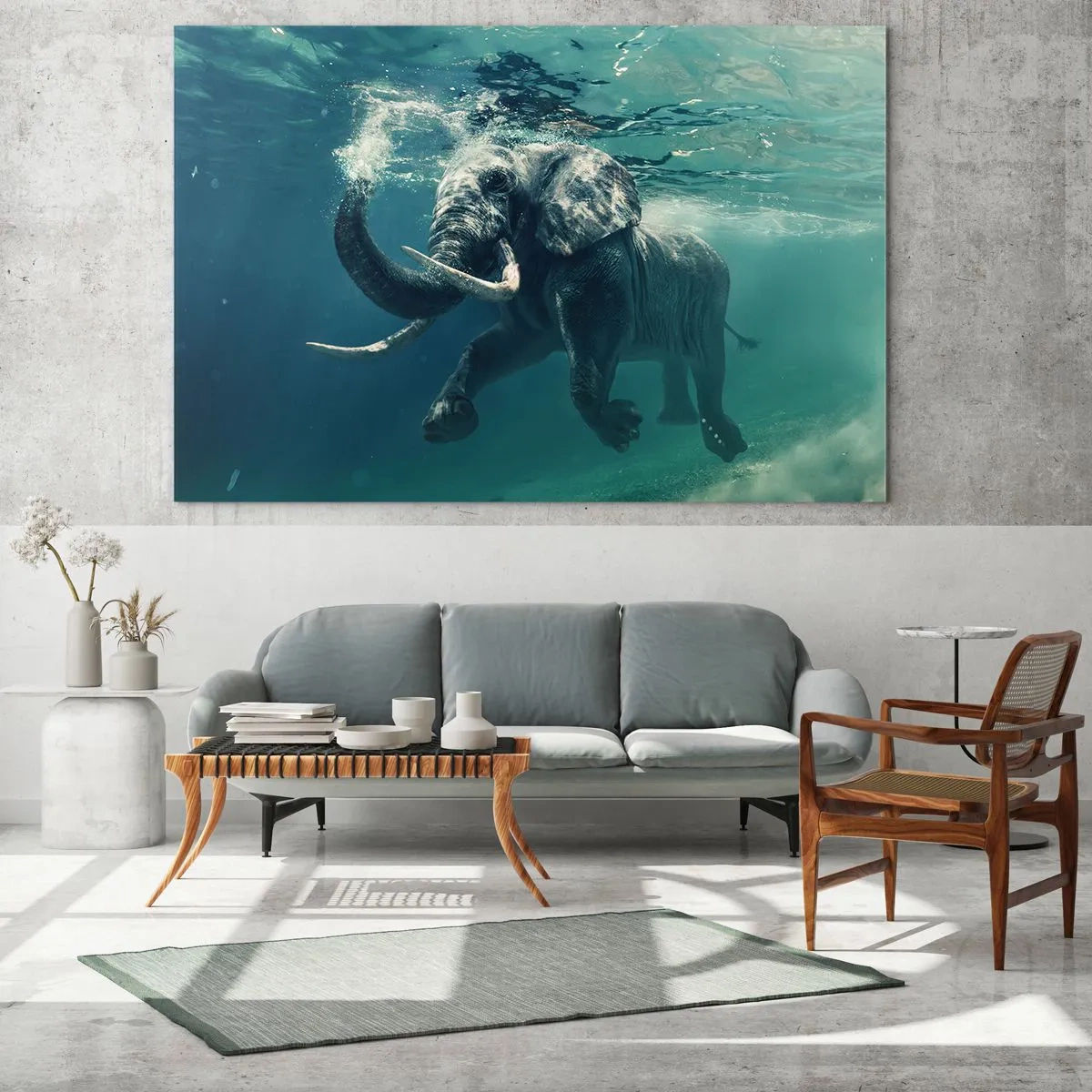 Tablou pe sticlă - Un elefant înotând sub apă în oceanul albastru - 70x50cm - Tuturor le place să înoate - Decorațiune modernă pentru perete pentru living și dormitor ARTTOR