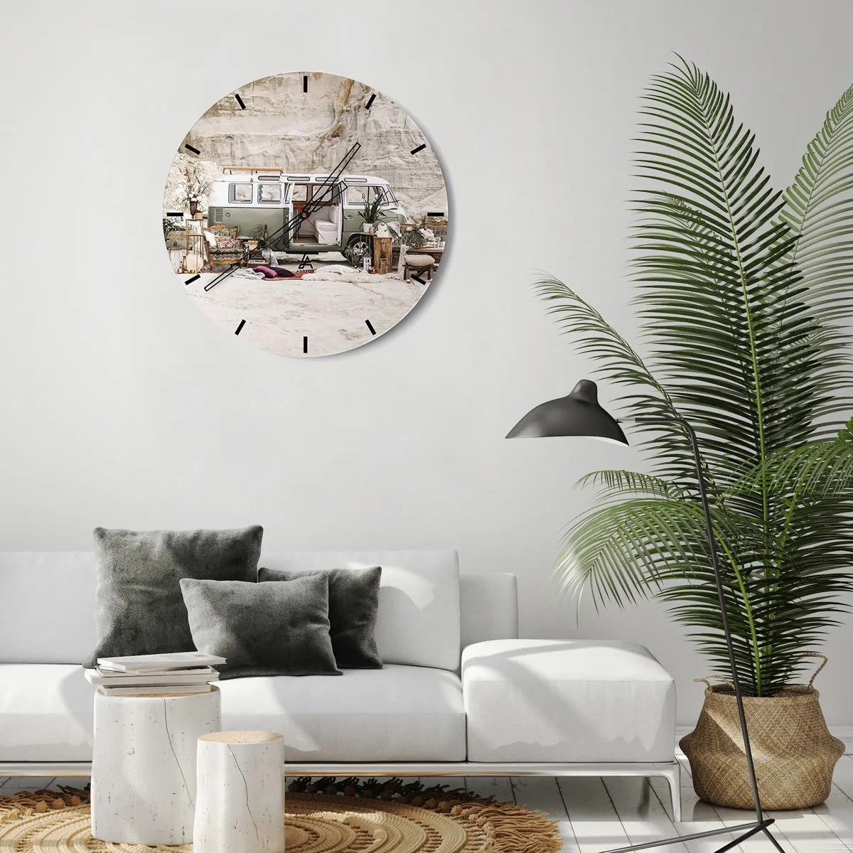 Ceas de perete - Ceas pe sticlă - rulotă cu elemente decorative pe un fundal de peisaj natural - 30x30cm - Să înceapă călătoria - Decorațiune modernă pentru perete pentru living, bucătărie și dormitor ARTTOR