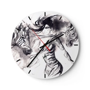Ceas de perete - Ceas pe sticlă - O femeie într-o formă artistică dansând cu două persoane adunate - 30x30cm - Dansând cu zebrele - Decorațiune modernă pentru perete pentru living, bucătărie și dormitor ARTTOR