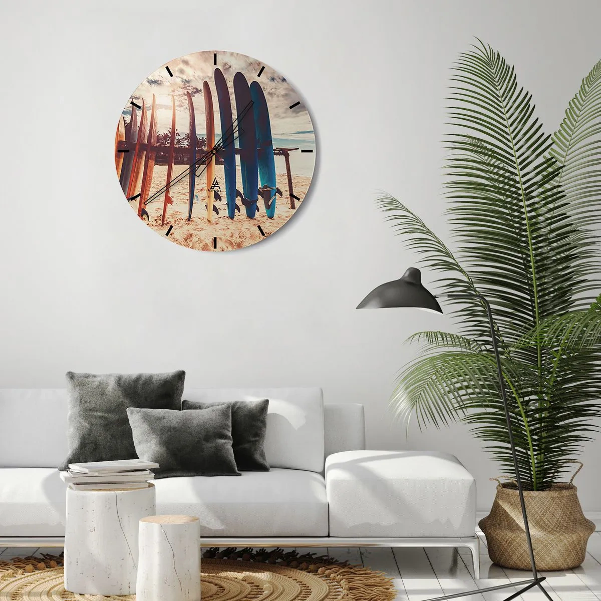 Ceas de perete - Ceas pe sticlă - Plăci de surf aliniate pe plajă la apus - 30x30cm - Noapte bună, până mâine - Decorațiune modernă pentru perete pentru living, bucătărie și dormitor ARTTOR