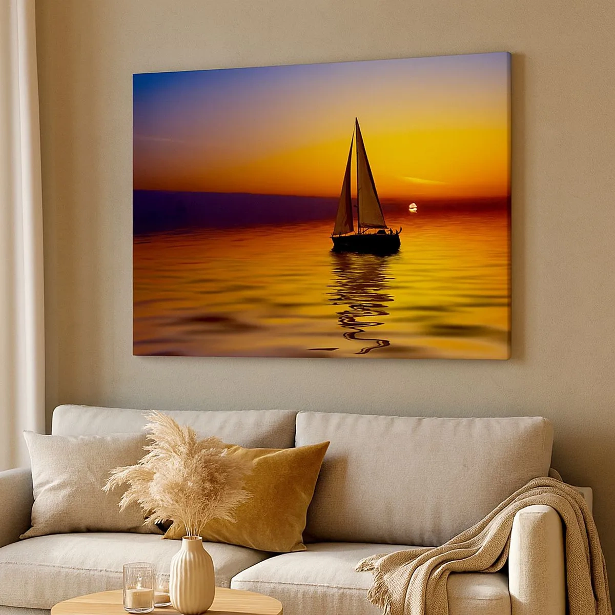 Tablou pe pânză Canvas - O barcă cu pânze pe o mare calmă la apus - 70x50cm - Ce liniște e aici la amurg... - Decorațiune modernă pentru perete pentru living și dormitor ARTTOR