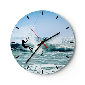 Ceas de perete - Ceas pe sticlă - Kitesurfer călărind un val într-o zi însorită la malul mării - 30x30cm - Lasă-te dus de val - Decorațiune modernă pentru perete pentru living, bucătărie și dormitor ARTTOR