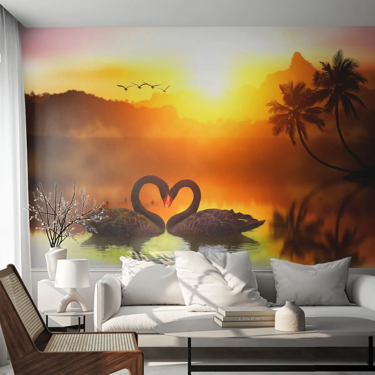 Tapet Premium Canvas - Fiecare cu pereche - inima, Lebedele, Palmier de nuca de cocos - 400x280 cm