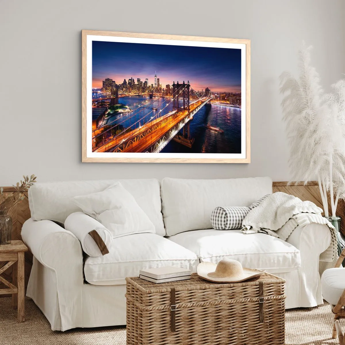 Poster în ramă de stejar deschis - Pe un pod luminos către inima orașului - 70x50 cm