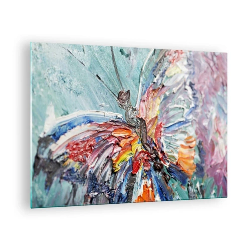 Tablou pe sticlă - Fluture colorat în stil abstract pe fundal albastru - 70x50cm - Pictat de natura - Decorațiune modernă pentru perete pentru living și dormitor ARTTOR