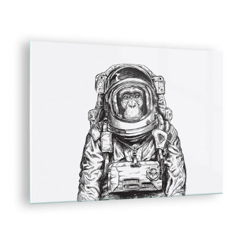 Tablou pe sticlă - Schiță a unei maimuțe într-un costum de astronaut pe un fundal alb - 70x50cm - Evoluție alternativă - Decorațiune modernă pentru perete pentru living și dormitor ARTTOR
