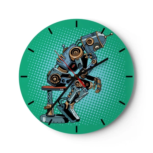 Ceas de perete - Ceas pe sticlă - Un robot într-o poză de gânditor pe un fundal verde - 30x30cm - Peste esența ființei - Decorațiune modernă pentru perete pentru living, bucătărie și dormitor ARTTOR