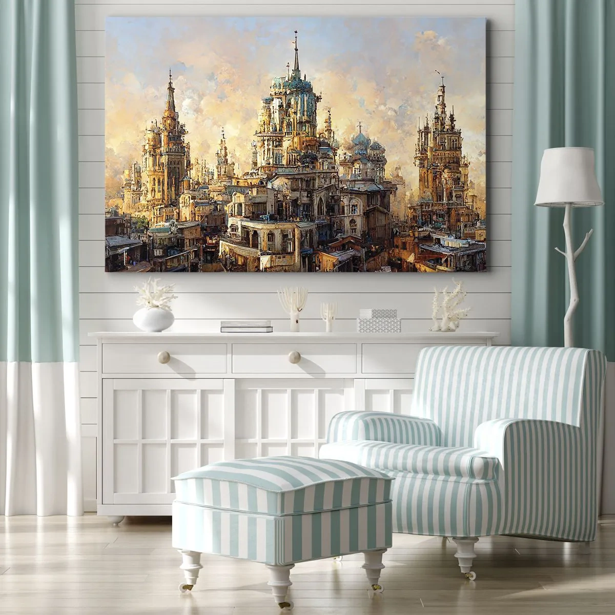 Tablou pe pânză Canvas - Turnuri arhitecturale în razele soarelui apus - 70x50cm - Orașul tuturor orașelor - Decorațiune modernă pentru perete pentru living și dormitor ARTTOR