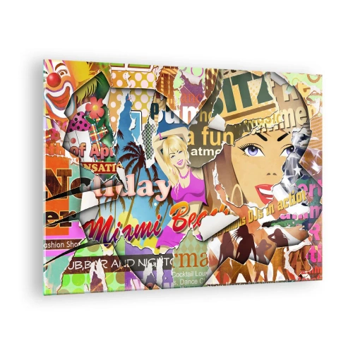 Tablou pe sticlă - Colaj retro colorat cu postere și grafică - 70x50cm - Flashback-uri de vacanță - Decorațiune modernă pentru perete pentru living și dormitor ARTTOR