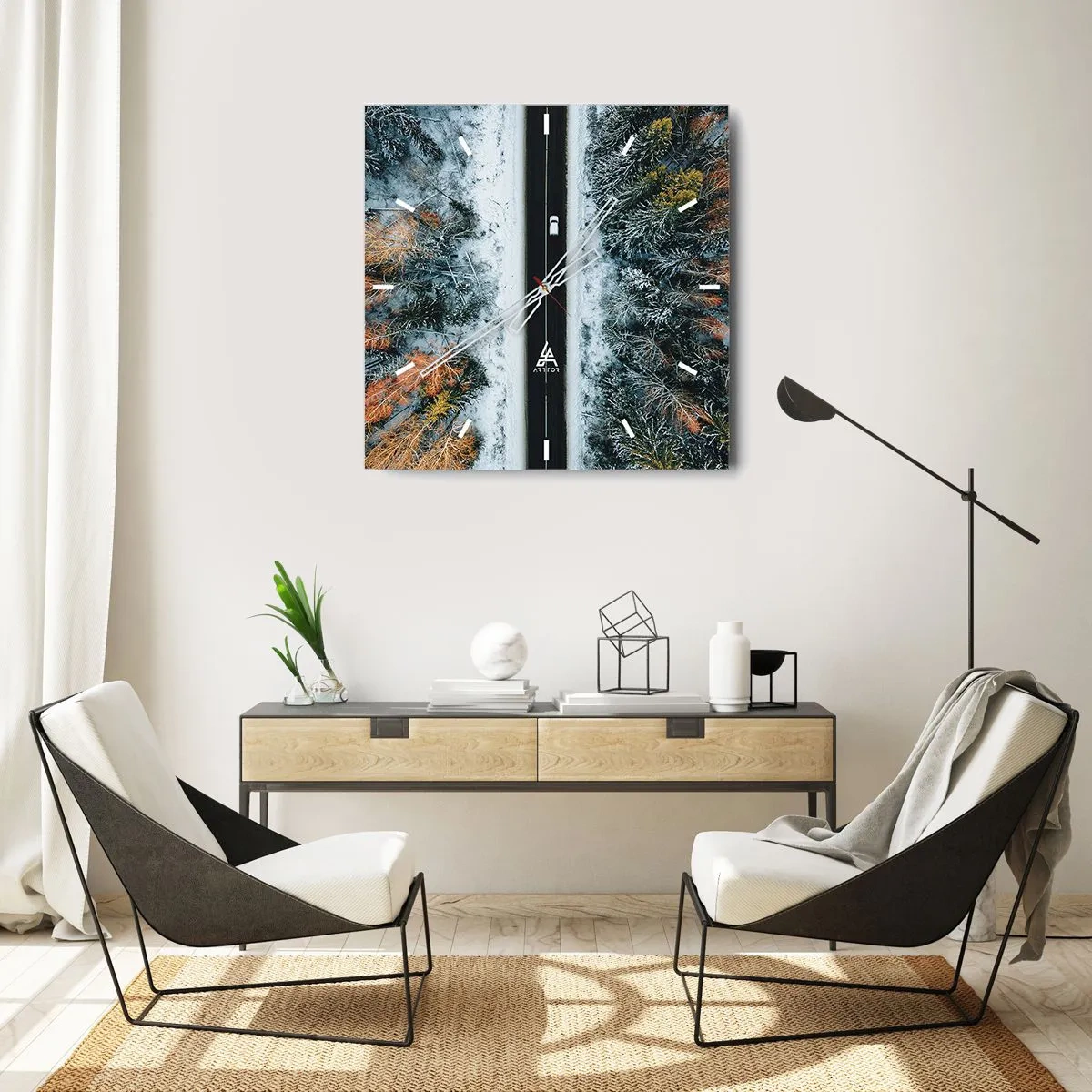 Ceas de perete - Ceas pe sticlă - Prin pădurea de iarnă - 30x30 cm