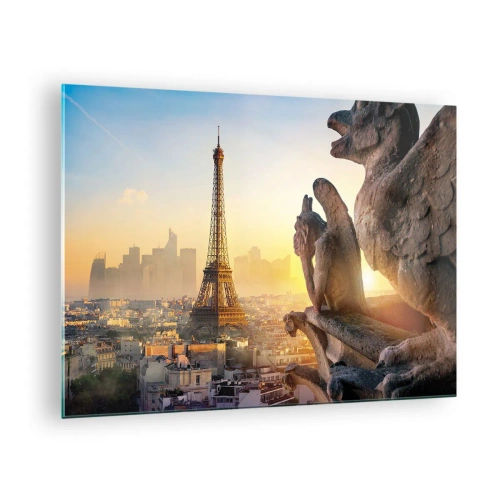 Tablou pe sticlă - Turnul Eiffel în ceața dimineții, cu vedere la Paris și sculpturi gotice - 70x50cm - S-au schimbat multe... - Decorațiune modernă pentru perete pentru living și dormitor ARTTOR