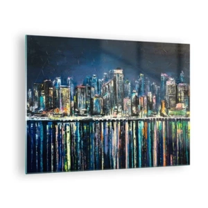 Tablou pe sticlă - Panoramă a orașului noaptea, cu luminile reflectate în apă - 70x50cm - Cascadă de lumini - Decorațiune modernă pentru perete pentru living și dormitor ARTTOR