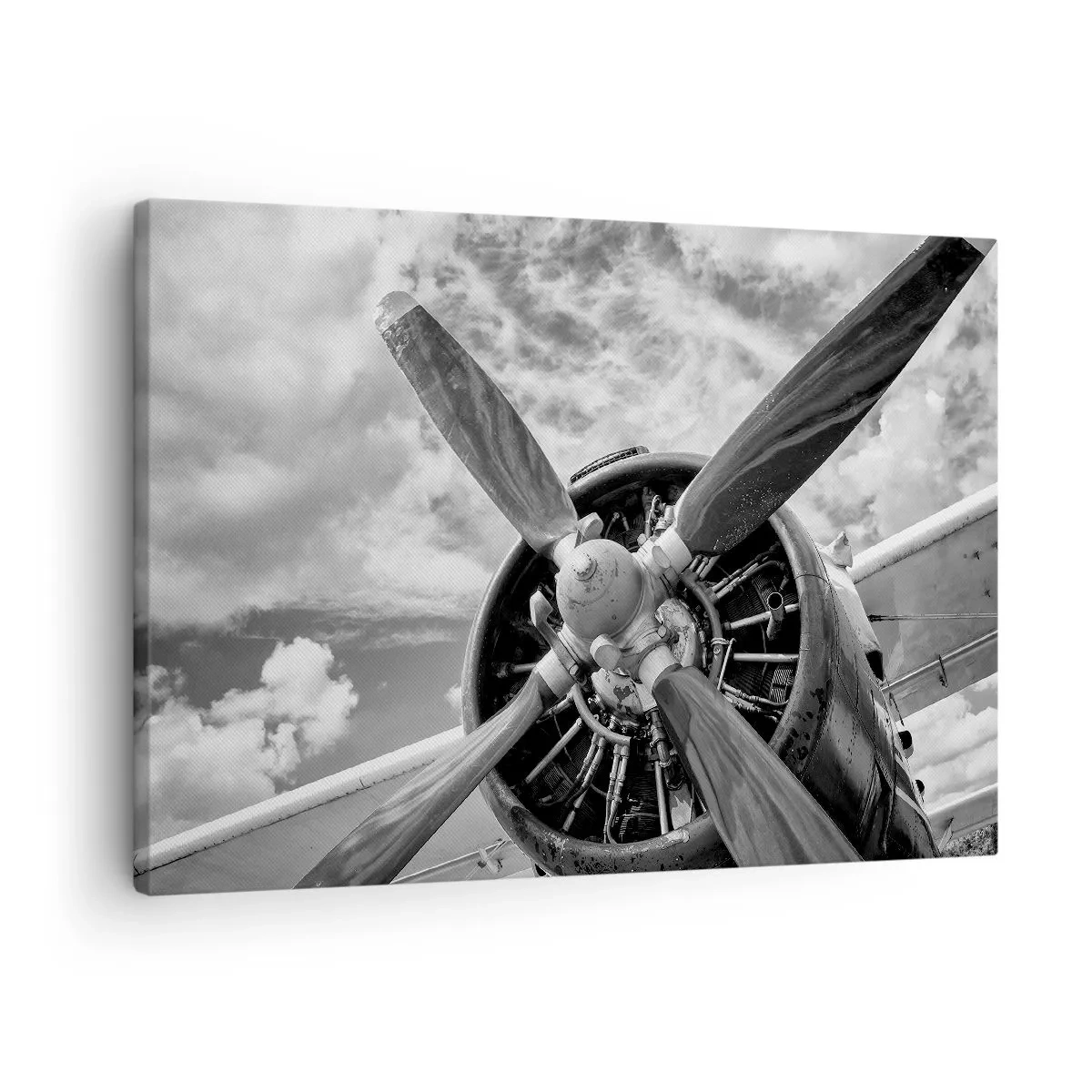 Tablou pe pânză Canvas - O fotografie alb-negru a unei elice de avion pe un cer dinamic. - 70x50cm - Cuceritorul cerului - Decorațiune modernă pentru perete pentru living și dormitor ARTTOR