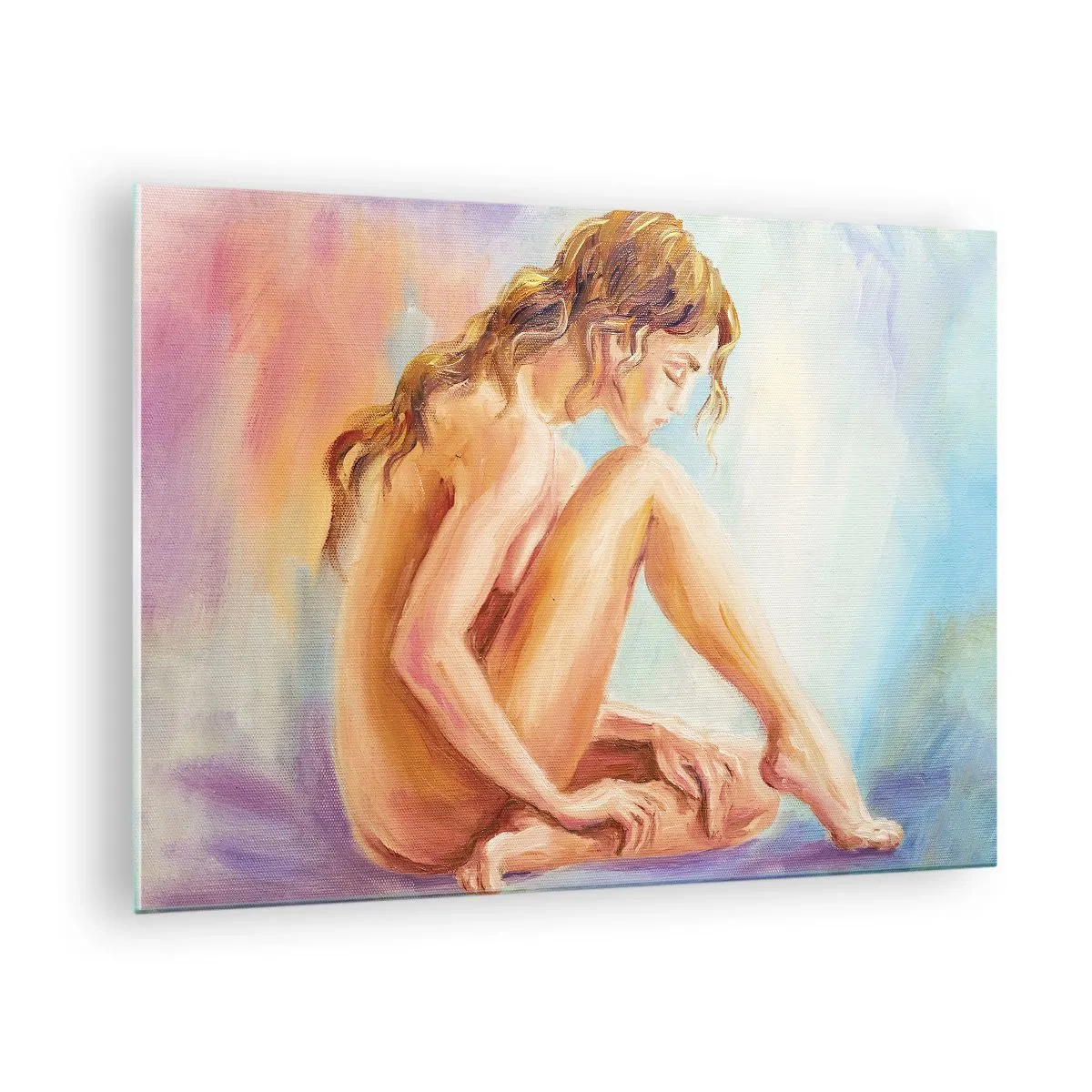 Tablou pe sticlă - O femeie în reflecție subtilă pe un fundal de culori pastelate - 70x50cm - Gest de tinerețe - Decorațiune modernă pentru perete pentru living și dormitor ARTTOR