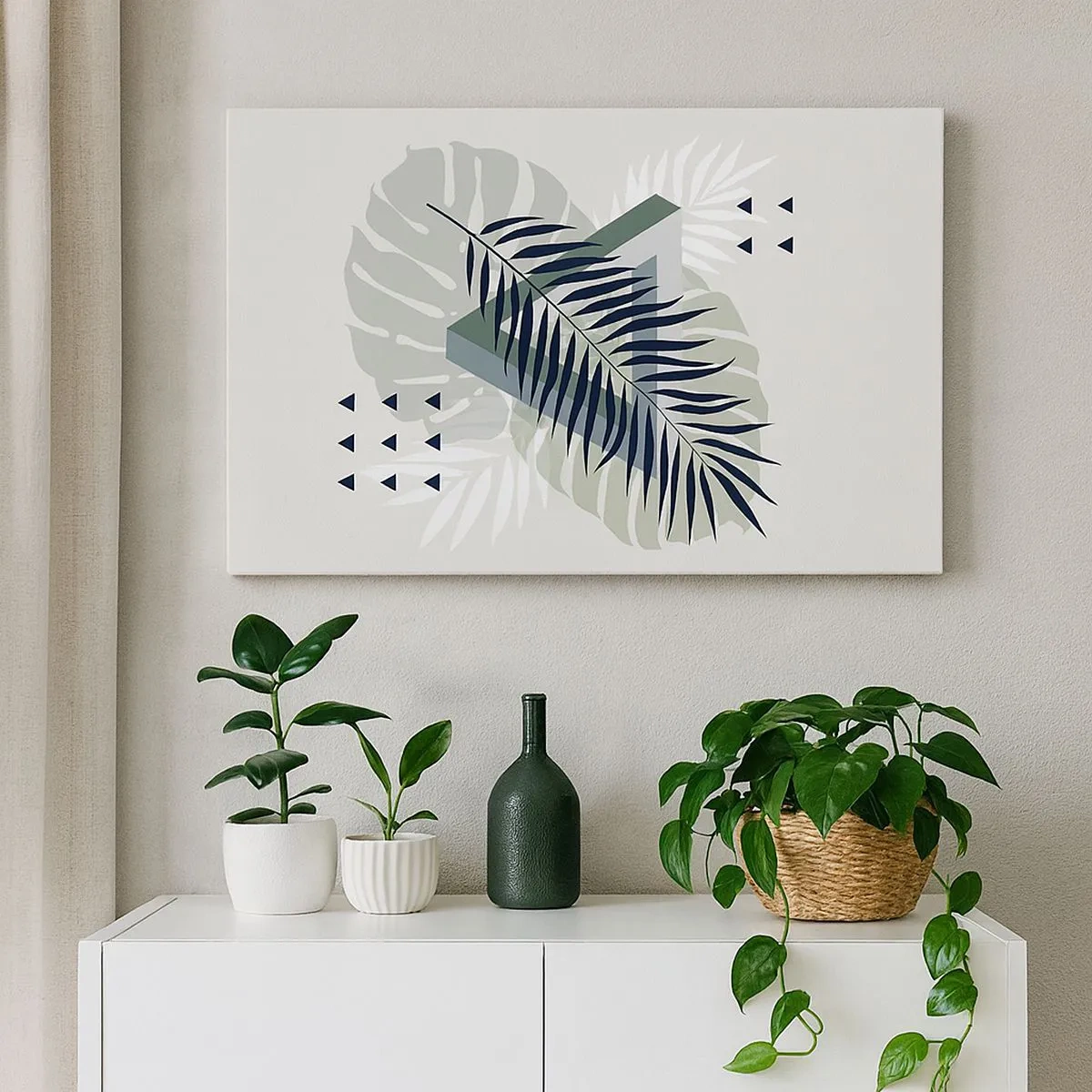 Tablou pe pânză Canvas - Compoziție geometrică cu frunze tropicale în nuanțe de verde - 70x50cm - Natura și geometria - două ordine? - Decorațiune modernă pentru perete pentru living și dormitor ARTTOR