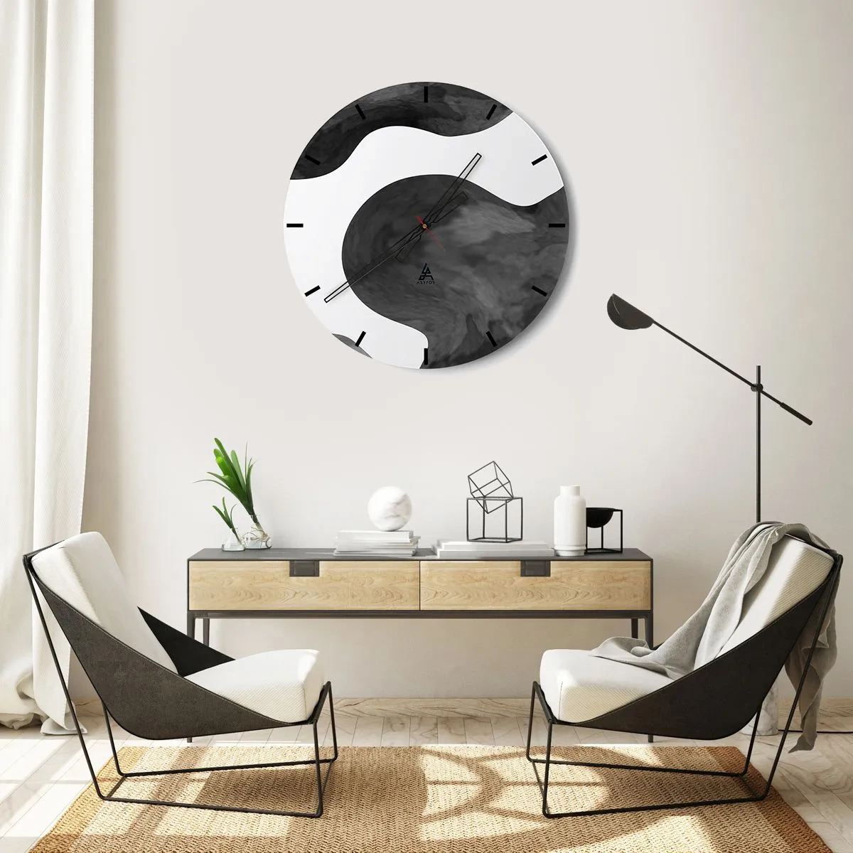 Ceas de perete - Ceas pe sticlă - Compoziție abstractă alb-negru în stil galactic - 30x30cm - Calea Lactee - Decorațiune modernă pentru perete pentru living, bucătărie și dormitor ARTTOR